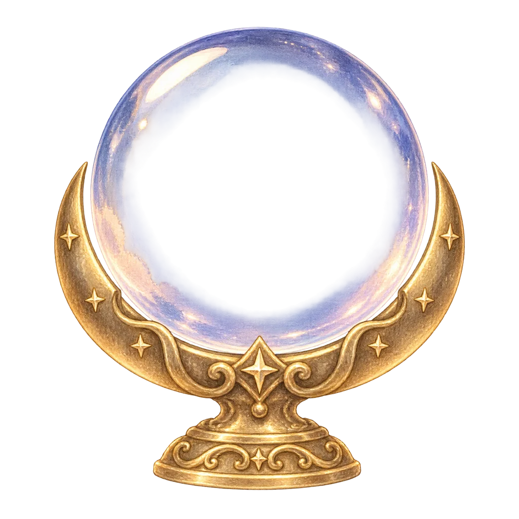 A crystal ball on a golden crescent-moon stand